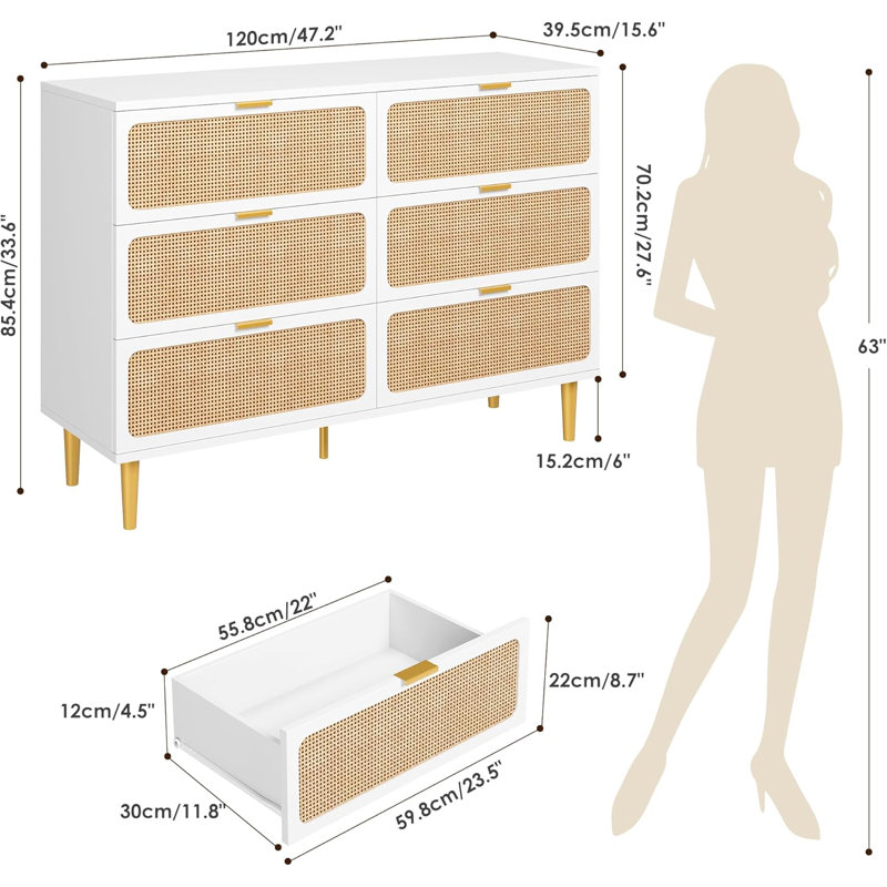 Rattan 6 Drawer Dresser, White