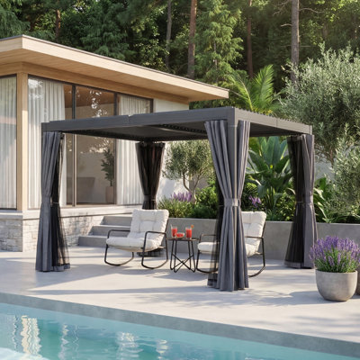 Pergola à persiennes 10 pi x 10 pi, pergola extérieure entièrement en aluminium antirouille avec toit à persiennes réglable, pergola à persienne de patio à assemblage facile avec rideaux et filet pour terrasse