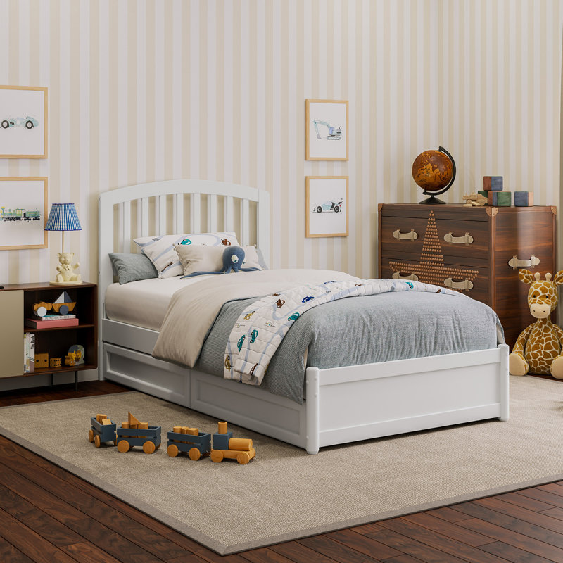 Lit plateforme en bois massif avec pieds de lit et tiroirs de rangement Lamari, Blanc, Simple