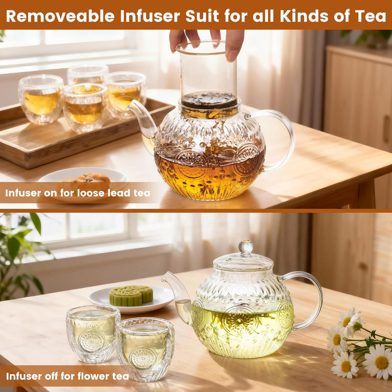Ensemble de théière en verre rétro avec 4 tasses, théière en borosilicate 32 oz avec infuseurs amovibles