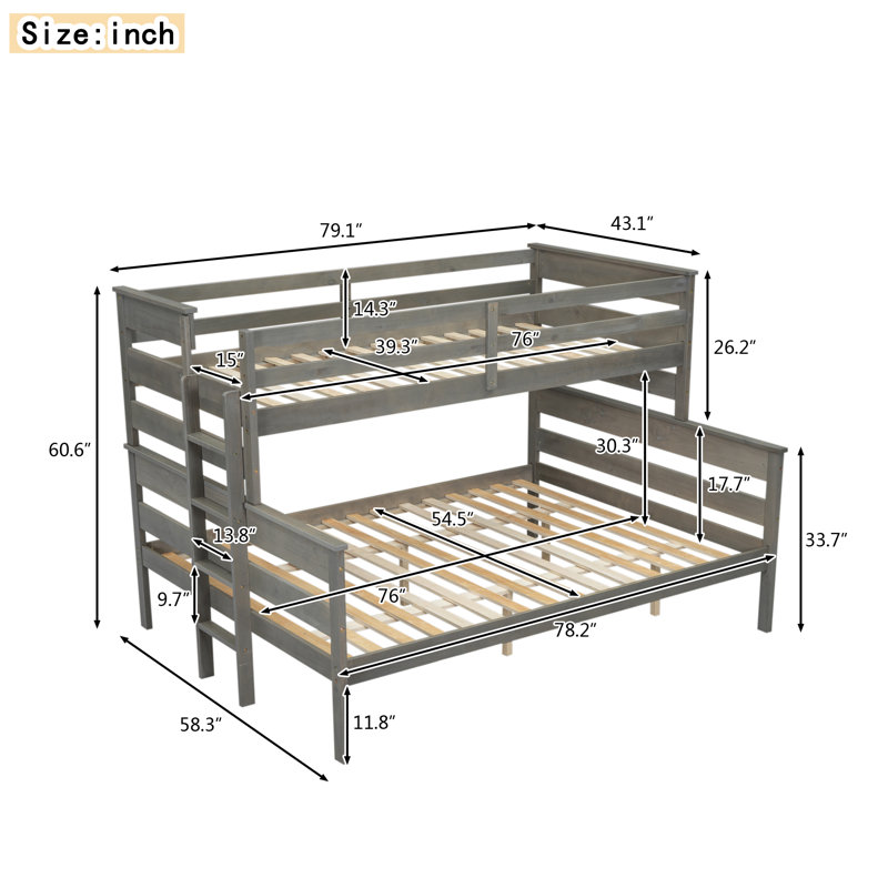 Twin XL over Queen Bunk Bed, Gray, Twin Over Full