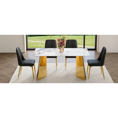 Luxurious Pandora Sintered Stone Dining Set With Golden Stainless Steel Legs And Black Pu Chairs - Modern Minimalist Style For Dining Rooms