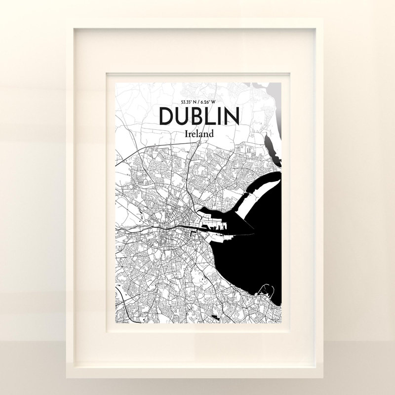 «Dublin City Map», impression de luxe, H 24 po x l 18 po, Noir / blanc
