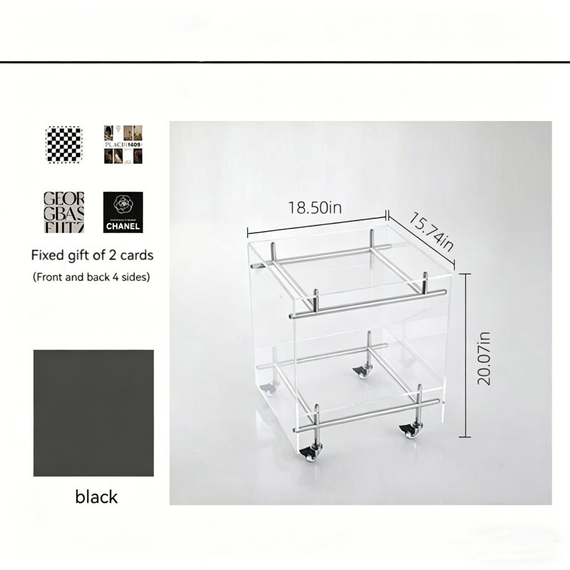 Structure en acier inoxydable, chariot mobile en acrylique transparent, table basse et support de rangement