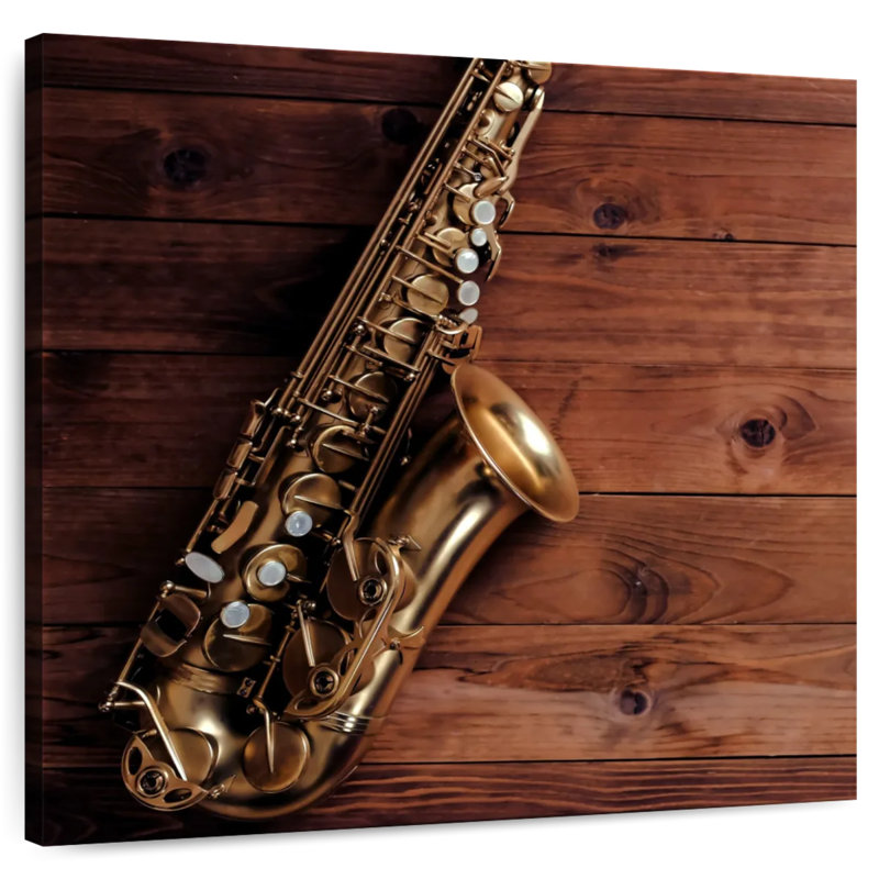 Saxophone sur bois, H 10 po x l 10 po