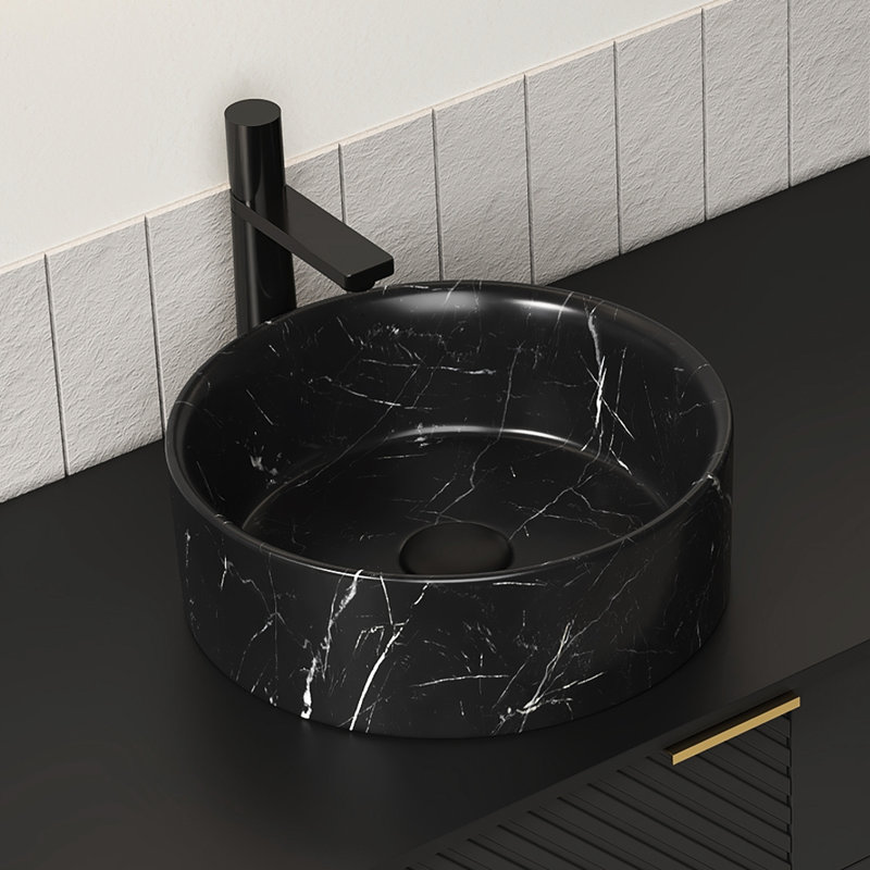 14'' Bathroom Round Ceramic Sink, Stone Pattern, Matte Black, And Atmospheric, Stain - , Classic Design, 4.86 In Height, 14.4 Depth Sink Ceramic, Basin With Hazy Gray Veined Textures, Easy