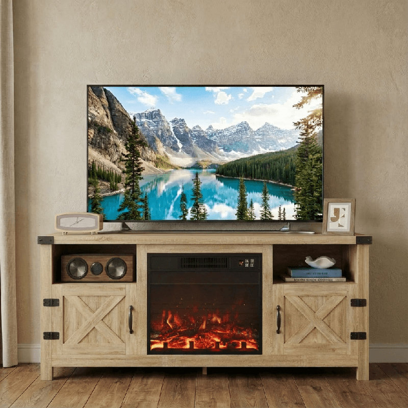 58" W Farmhouse TV Stand Fireplace, Oak Wood