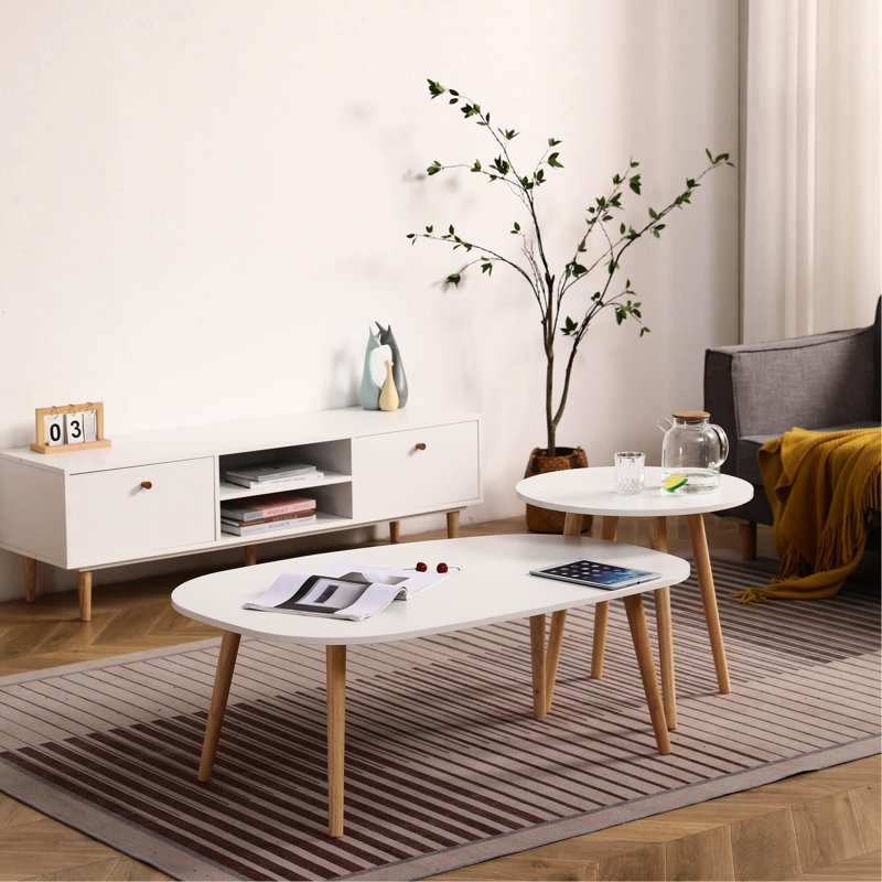 Stylish Bedroom Coffee Table - 27.56in Deep Package Round With Classy High Foot, 550mm Diameter, Effortless Install, White + Oak, 21.09in D, 19.8in Tall, 8.26lb