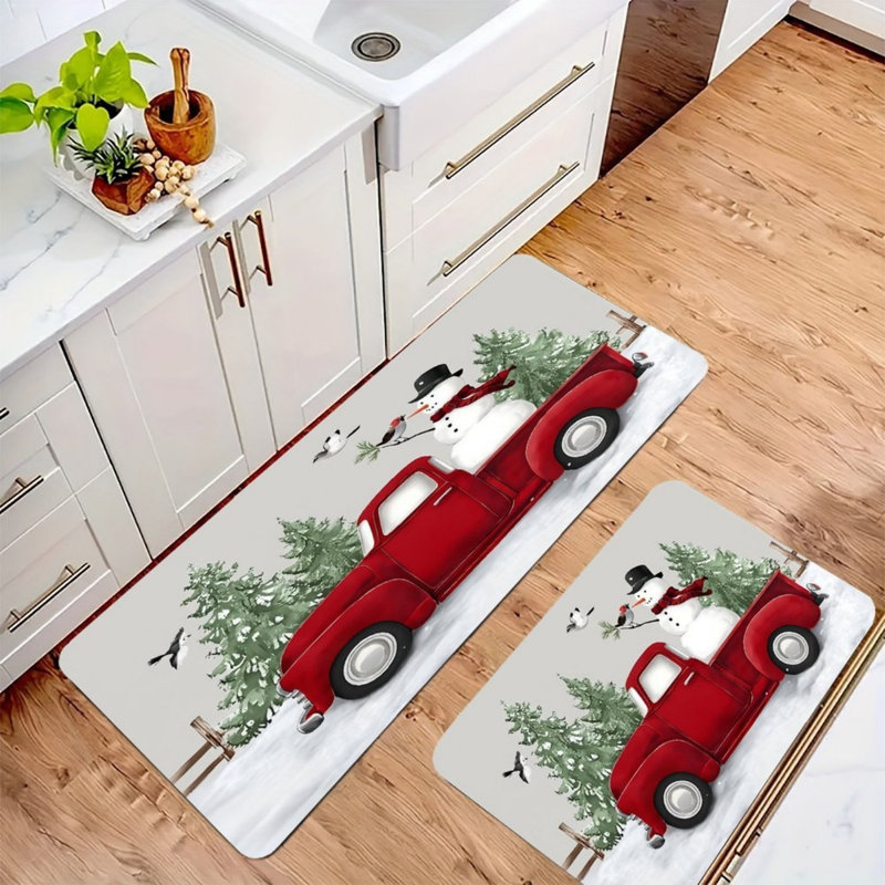 Red Winter Truck Kitchen Mats, Set of 2 for Holiday Kitchen Decor