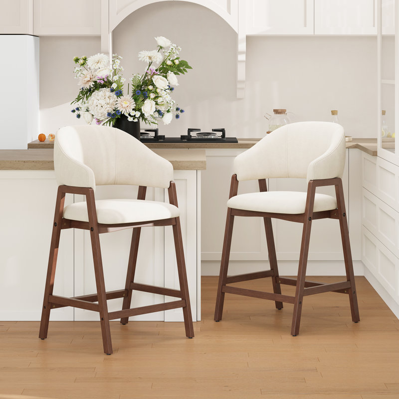 Tabouret de bar rembourré en bois massif, Beige, 2