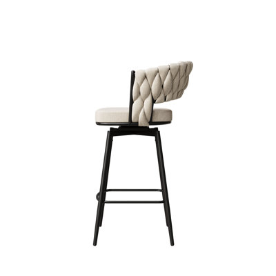 Deux chaises de bar pivotantes à 360 °, revêtues de lin, structure en métal, pour un usage domestique, coussin noir et blanc, barres,