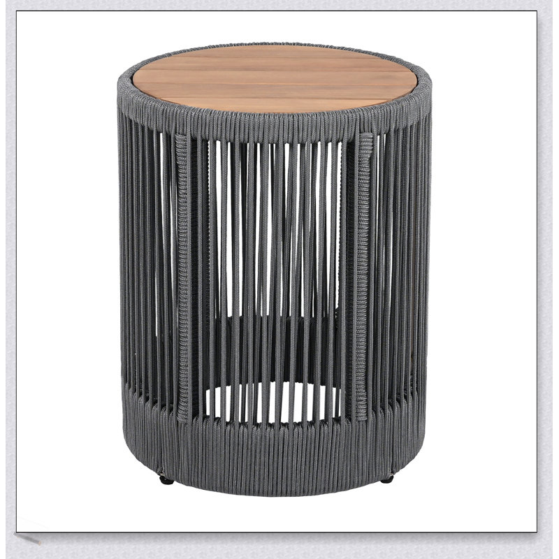 Outdoor Rattan Rope & Acacia Wood Side Table - Patio Balcony Furniture, Weather-Resistant, Rustic And Modern Design