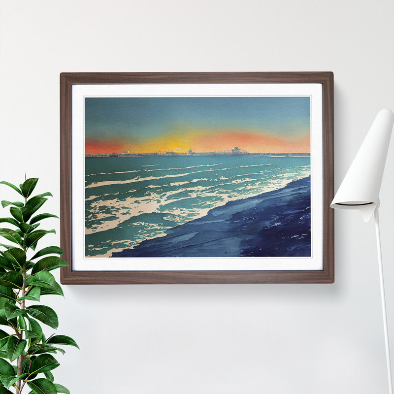 Beach In Watercolour Vol.4 - Single Picture Frame Painting, 25cm H x 34cm W x 2cm D, Walnut