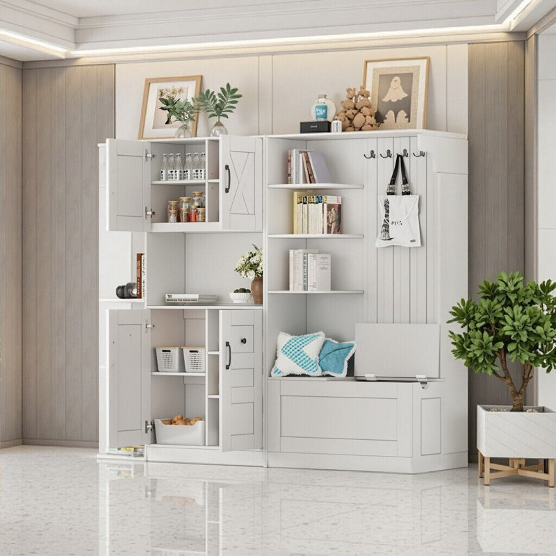 Elegant Black Multifunctional Hall Cabinet Combo - Versatile Storage & Hall Tree 2-in-1 for Any Space, White