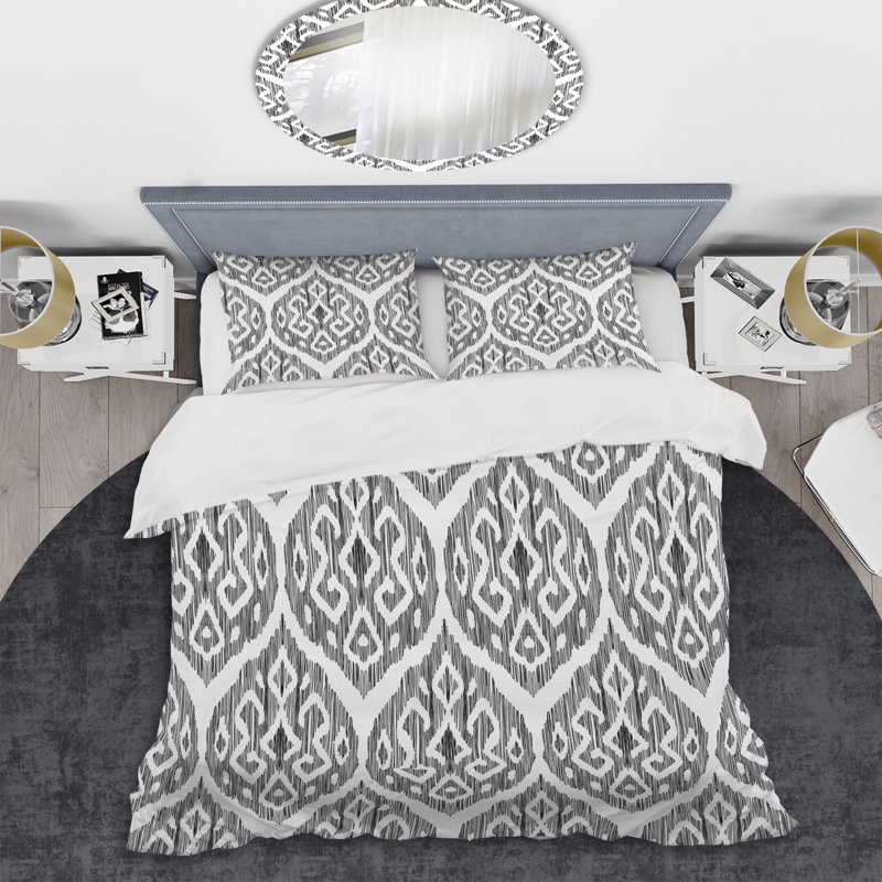 White and Grey Ikat Pattern - Abstract Duvet Cover Set - Microfiber Polyester, Twin Duvet Cover + 1 Standard Sham