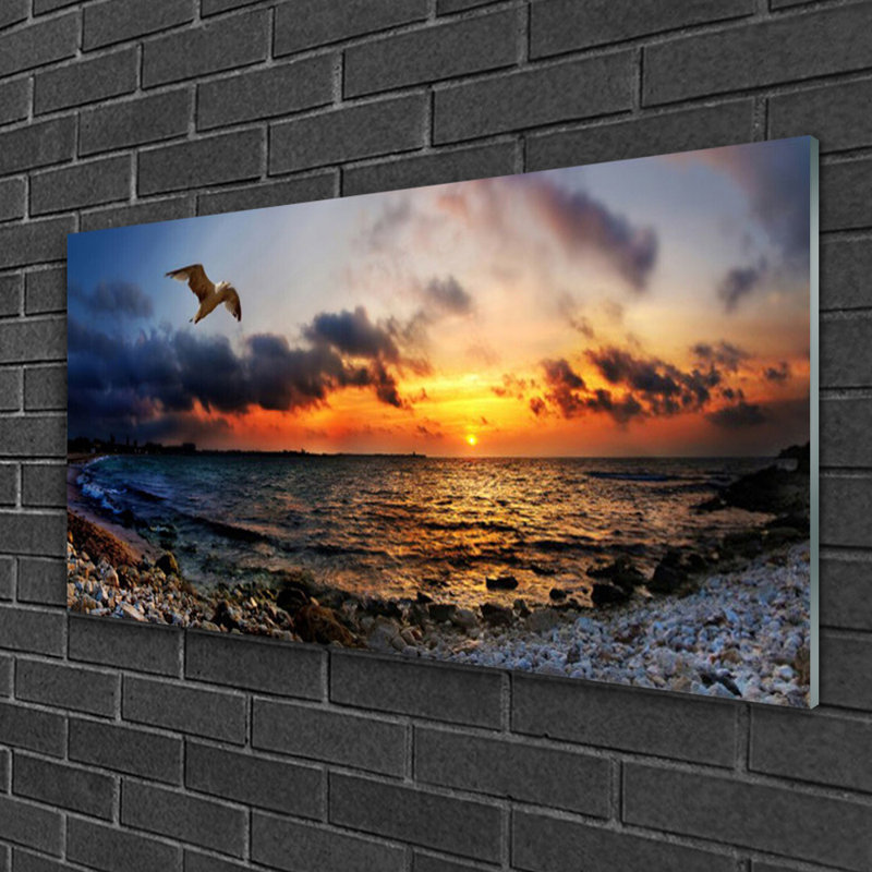 Landscape Seagull Sea Beach - Unframed Photograph on Glass