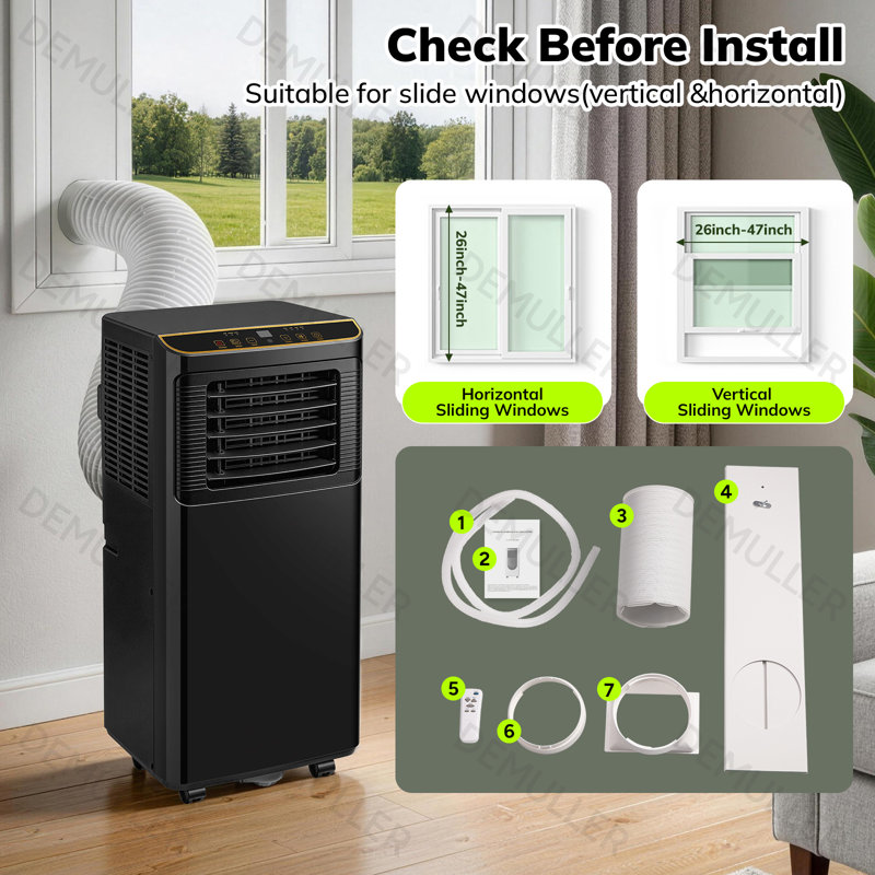 Climatiseur portatif 8 000 BTU Demuller pour pièces jusqu'à 250 pieds carrés, climatiseur mobile 3-en-1 avec déshumidificateur, ventilateur de refroidissement, sommeil, télécommande, minuterie 24H, ensemble d'installation de fenêtre, noir