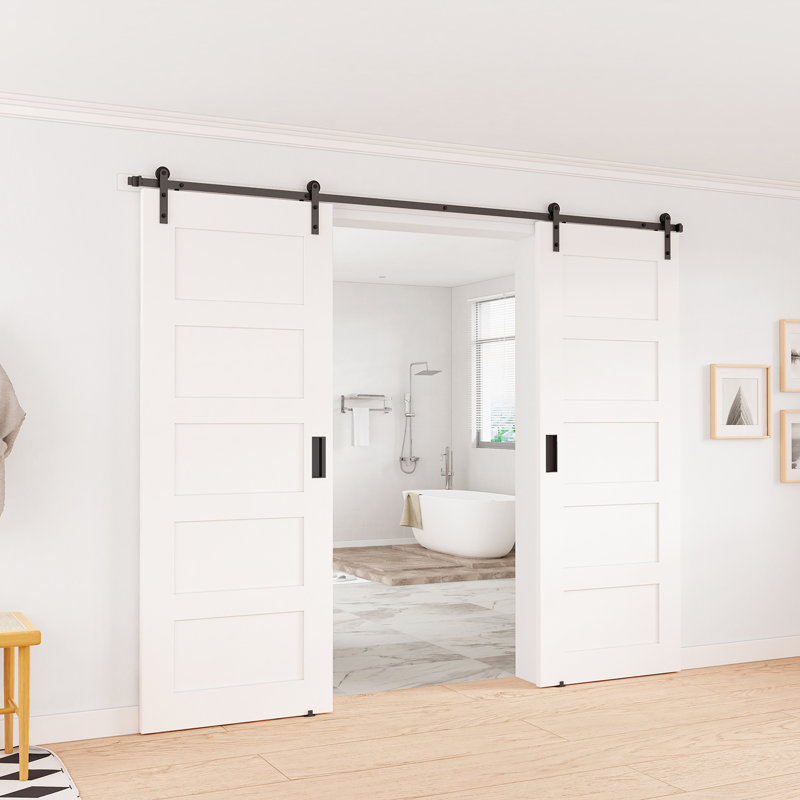 Matte Black Double Barn Door Hardware Track Kit with I-Strap Rollers