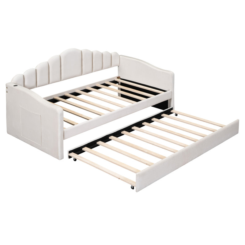 Lit de jour simple en velours beige avec lit gigogne et canapé-lit élégant, Beige