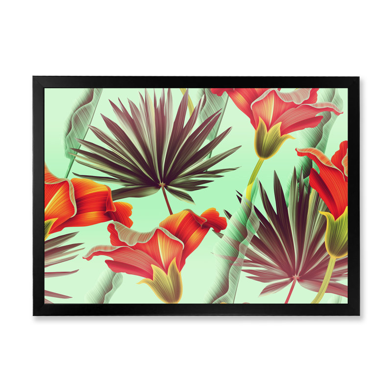 Fleurs tropicales rétro - impression sur toile, H 24 po x l 32 po x P 1 po, Cadre photo noir