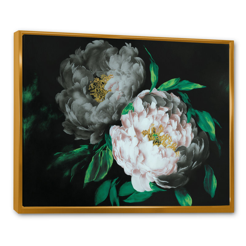 «White Blossoming Peony on Black I», reproduction sur toile, L 32 po x H 16 po, Toile à cadre flottant doré