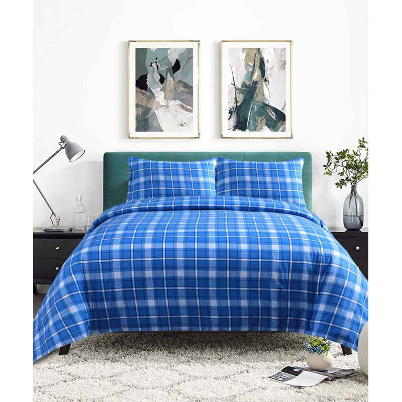 Ensemble de draps en flanelle écossais, Ensemble de draps pour très grand lit californien, À carreaux, bleu