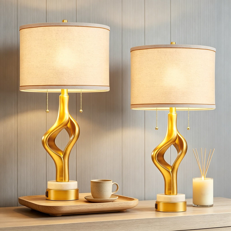 Ensemble de 2 lampes de table modernes avec ports USB, conception sculpturale en résine dorée sur base en marbre, interrupteur à double chaîne et ampoules pour la table de chevet du salon