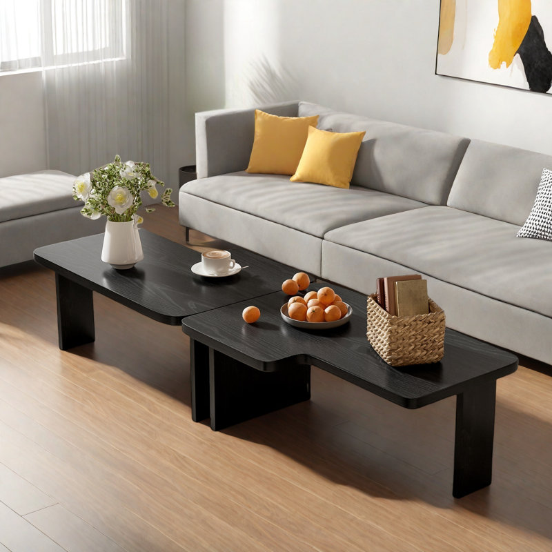 Modern Rectangle Coffee Table Set With Modular L-shape Design, Black