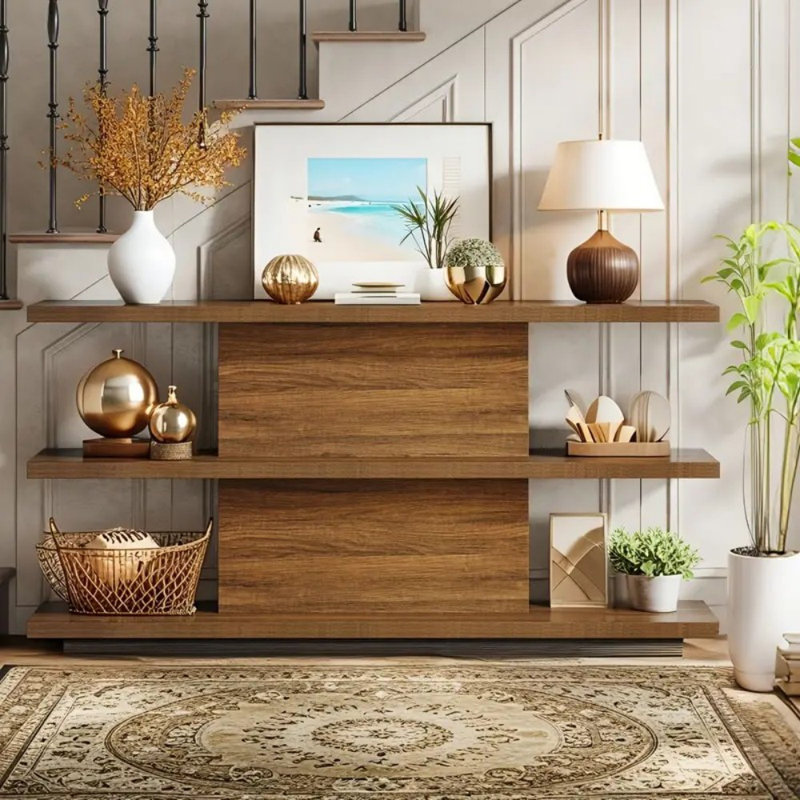 Console rustique 63 po avec 3 tablettes de rangement à 3 niveaux - Canapé d'entrée en chêne robuste pour salon, couloir, chambre à coucher