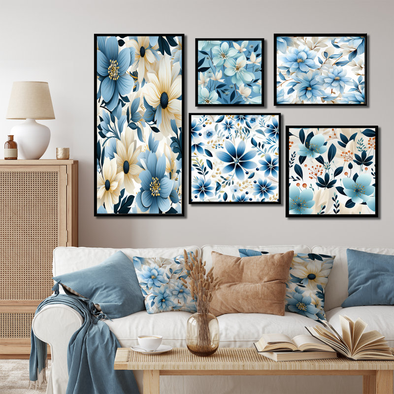 Eline - Ensemble de 5 impressions sur toile florales, Cadre flottant noir