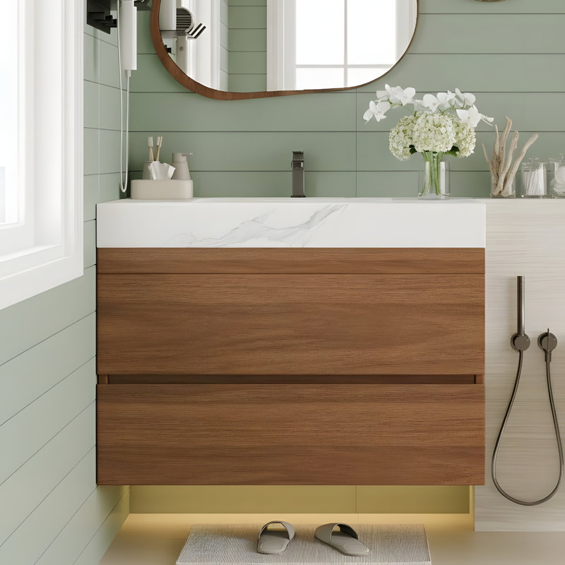 Meuble-lavabo de salle de bain avec comptoir en faux marbre et lavabo encastré en céramique, Blanc