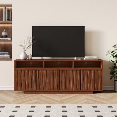 62.9-98.4 inch Walnut Finish Expandable TV Stand For 75/85/95/100 inch TVs, Wooden Brown Fluted Retractable Media Console Table for Living Room Bedroom, Mid Century Modern Entertainment Center with Storage and Carved Geometric