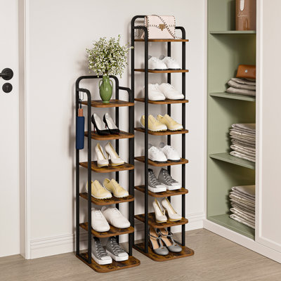 Vertical Shoe Rack, Shoe Shelves, Wood Shoe Organizer for Entryway, Shoe Tower for Small Spaces, Free Standing, Adjustable, with 2 Hooks