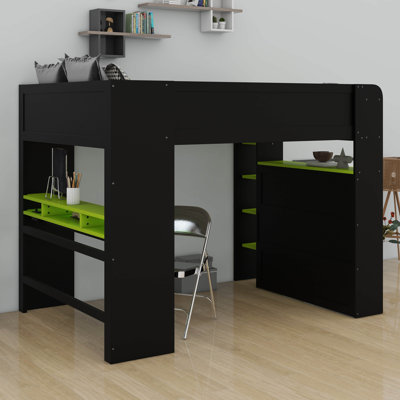 Full Size Wood Bunk Bed With Height-Adjustable Desk,Wardrobe,Ample Storage Space,And RGB Light,Wooden Bunk Bed For Gaming Setup