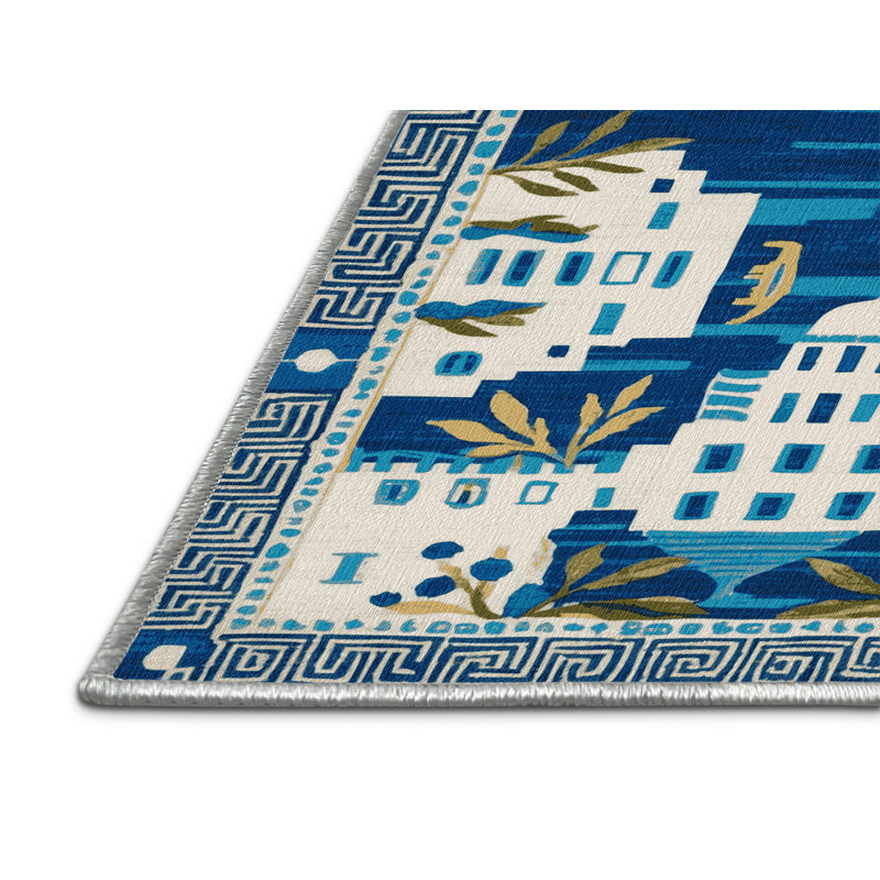  Tapis nautique lavable à motif d'îles grecques, Rectangulaire 8 pi x 10 pi