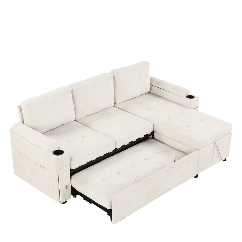 Canapé modulaire beige avec rangement caché, hublots, porte-gobelet et méridienne réversible en forme de L, Chenille beige