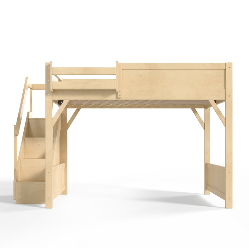 Grand lit mezzanine avec garde-robe et espace de rangement intégrés, lit mezzanine en bois massif avec tablettes à côté, garde-corps pleine longueur et escalier, aucun sommier nécessaire, naturel