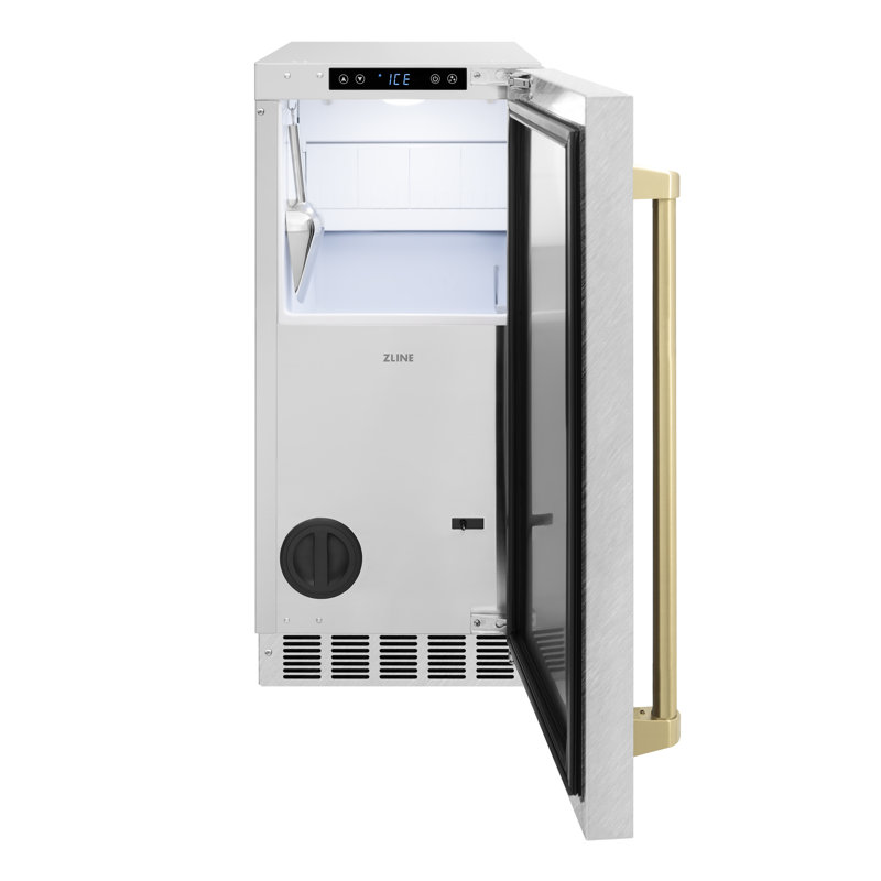 ZLINE Autograph 15 inch Touchstone White Matte Gourmet Ice Maker w/ Bronze Handle, Satin Stainless Steel/Champagne Bronze