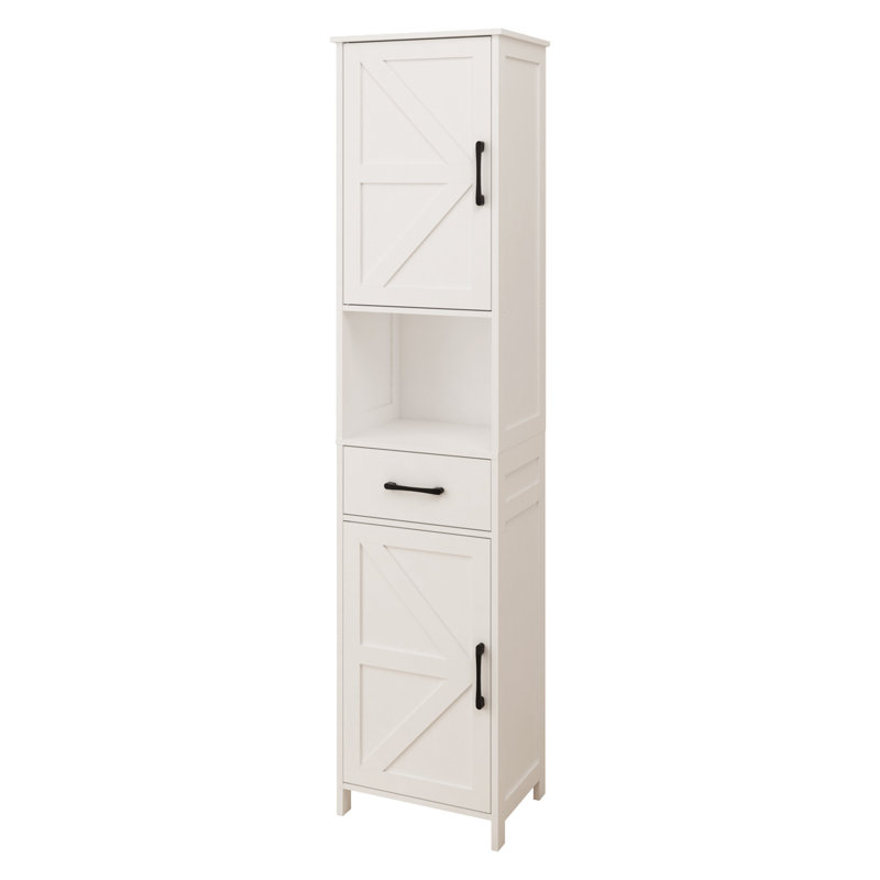 Grande armoire de salle de bain blanche autoportante en lin avec 2 portes, 1 tiroir et 1 tablette ouverte - tablettes réglables 