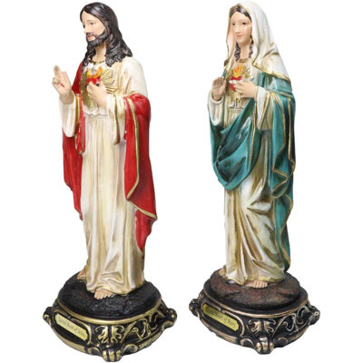 Catholic Sacred Heart Of Mary And Jesus Christ Statue Set Of 2 With Name Base