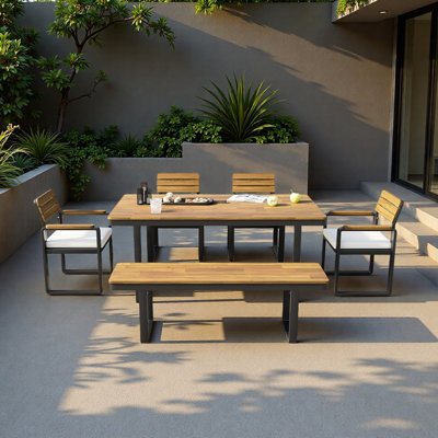 Ensemble de salle à manger 6 pièces en bois d'acacia, 1 table avec 4 chaises et 1 banc pour 6 à 7 personnes, coussins confortables sur les chaises