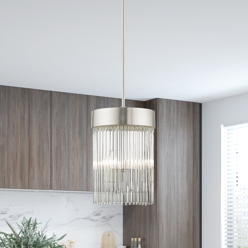 Luminaire suspendu cylindrique simple à 3 lumières avec détails en cristal Bamey, Nickel brossé
