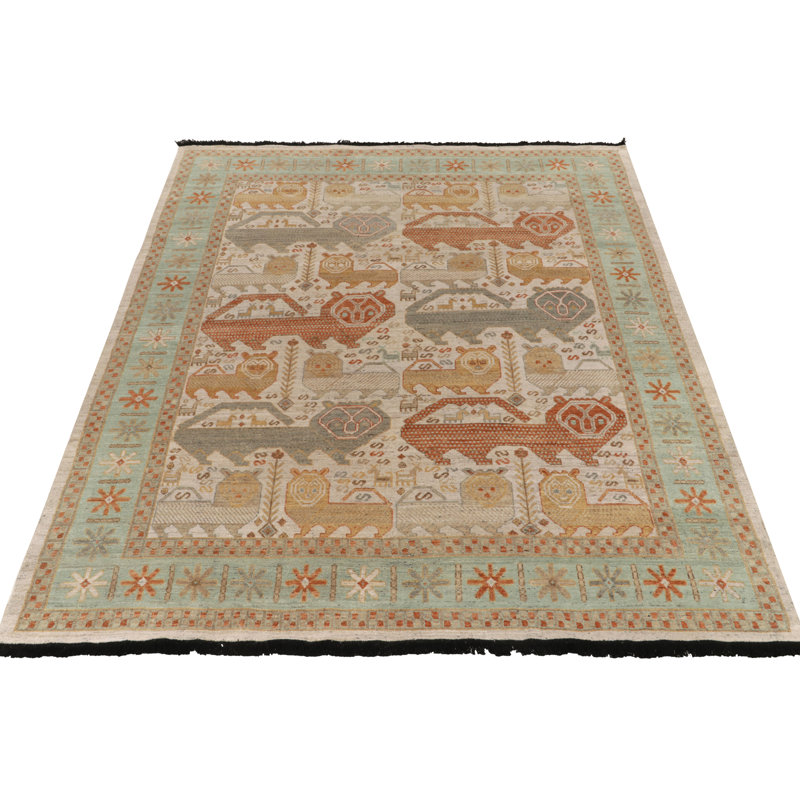 Caucasian Rug In Orange, Gray, Green Pictorial Pattern By Rug & Kilim, Rectangle 10' x 14'
