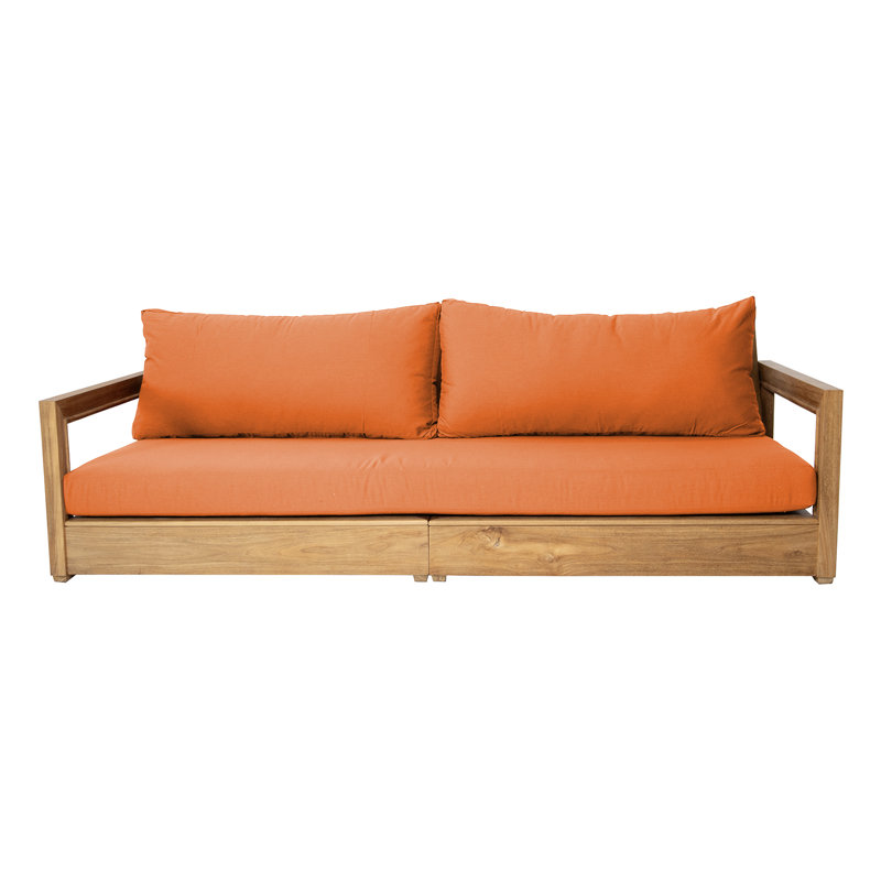Crelake 107'' Wide Rectangular Teak Patio Sofa with Sunbrella® Cushions, Canvas Tangerine Sunbrella® Canvas