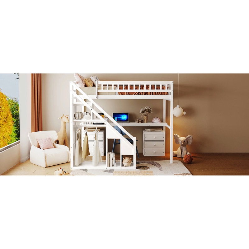 Lit mezzanine simple blanc avec deux tiroirs, bureau polyvalent et ambiance créant un support à DEL qui change de couleur en continu pour créer une atmosphère d'étude décontractée