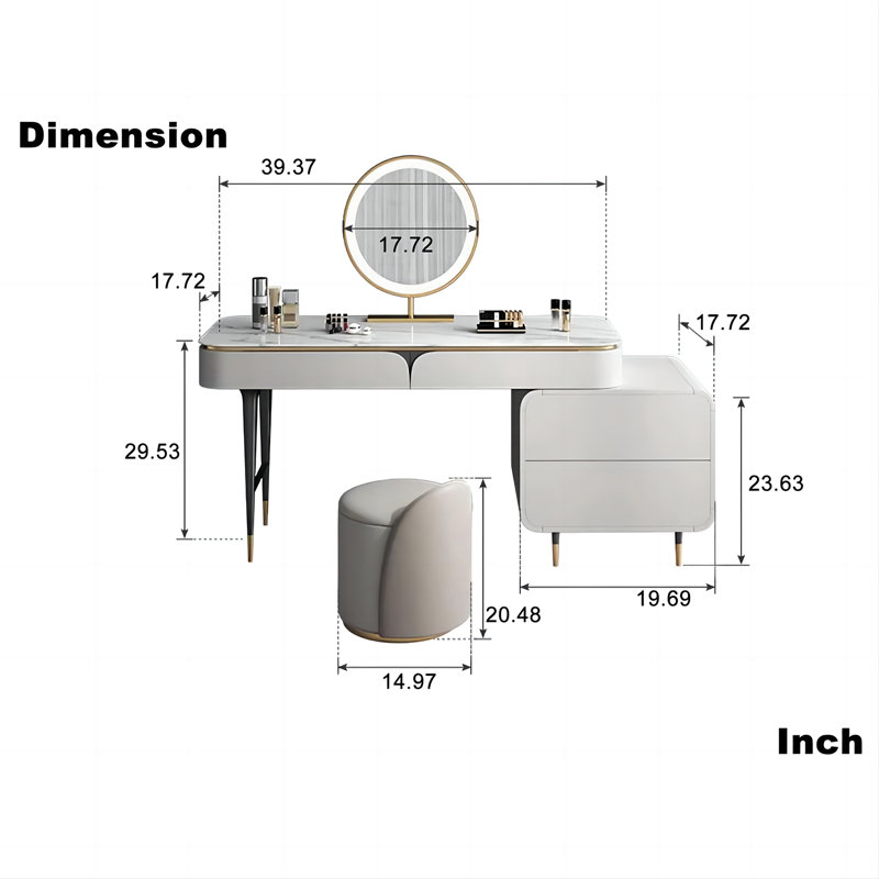 39,5 po, coiffeuse de luxe en pierre frittée avec miroir lumineux à DEL, armoire latérale et 4 tiroirs avec tabouret, blanc