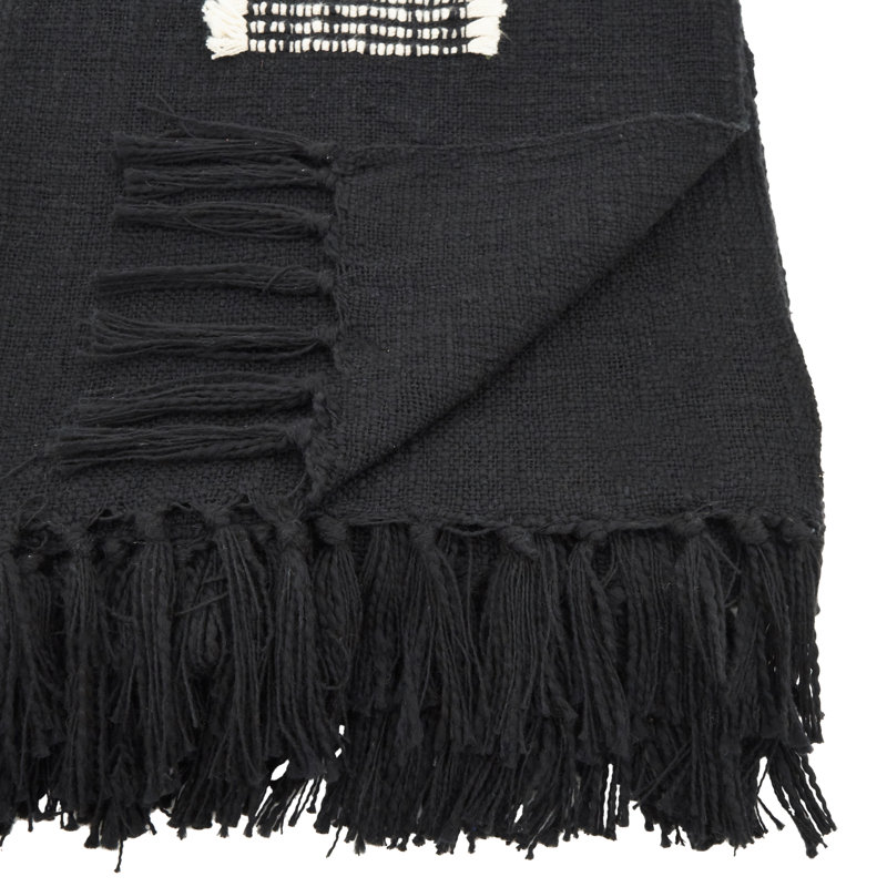 Black Cotton Throw Blanket with Fringed Lines, 50 x 60 Inch
