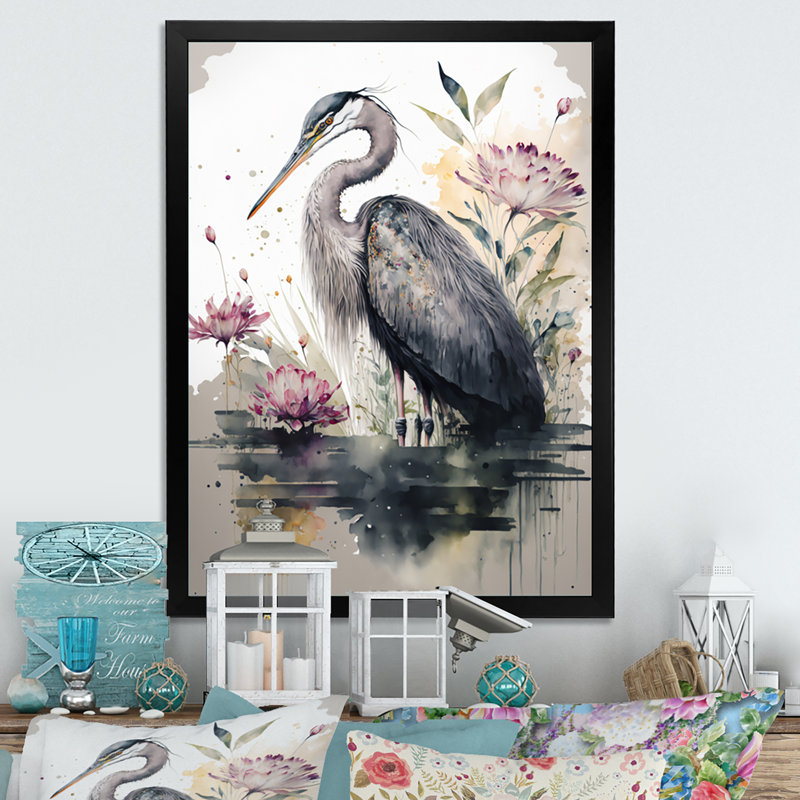 «Cute Heron Floral Art III - Heron», reproduction d'art sur toile encadrée, H 32 po x l 24 po x P 1 po