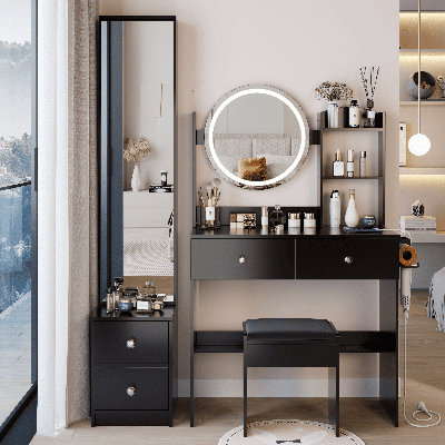 Full Body Mirror Cabinet + Round Mirror LED Vanity Table + Cushioned Stool, With 2 AC + 2 USB Power Station,17" diameter LED Mirror, Touch Control, 3- by Ivy Bronx