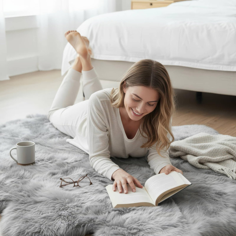 Everly Quinn Genuine New Zealand Fluffy Sheepskin Rug For Bedroom Living Room, Silver, Single Pelt, Novelty 5'